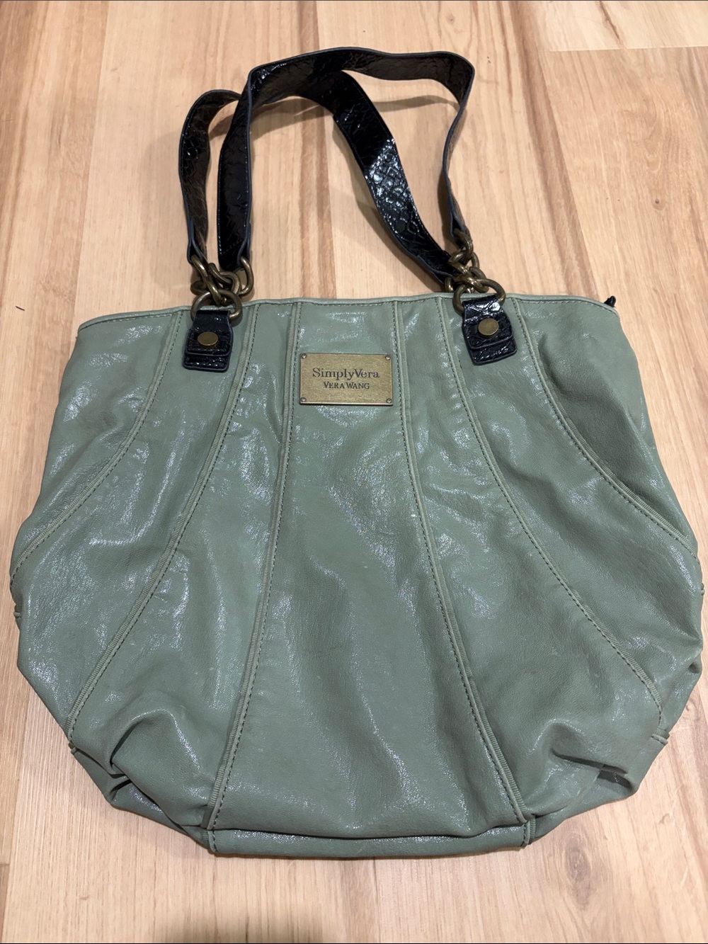Simply Vera Vera Wang Olive Green Shoulder Tote with Black Patent Straps